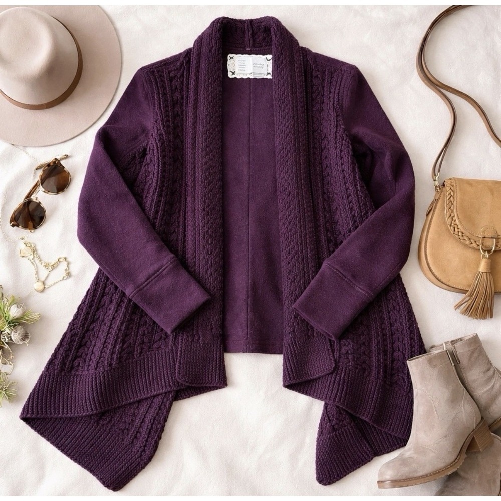 Saturday Sunday Anthropologie Cardigan XL Burgundy Mixed Knit Waterfall Layers